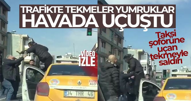 Kadıköy’de yol verme kavgasında taksi şoförüne uçan tekmeyle saldırı kamerada