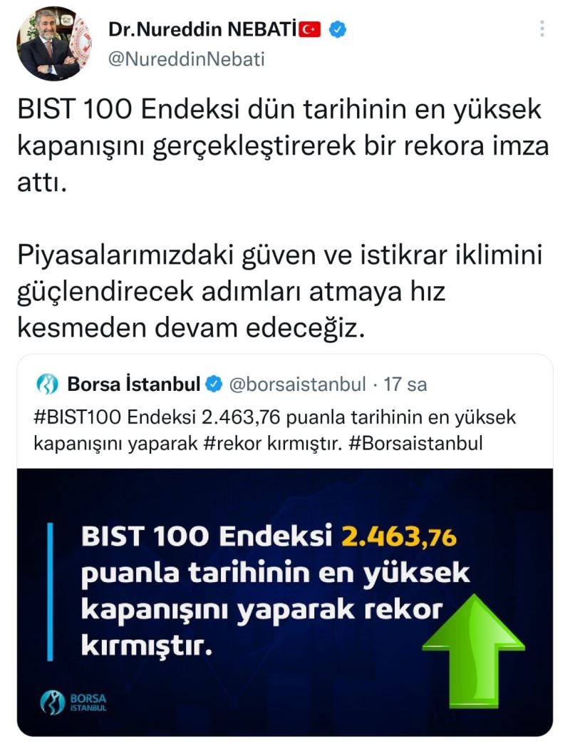 Bakan Nebati’den Borsa İstanbul paylaşımı
