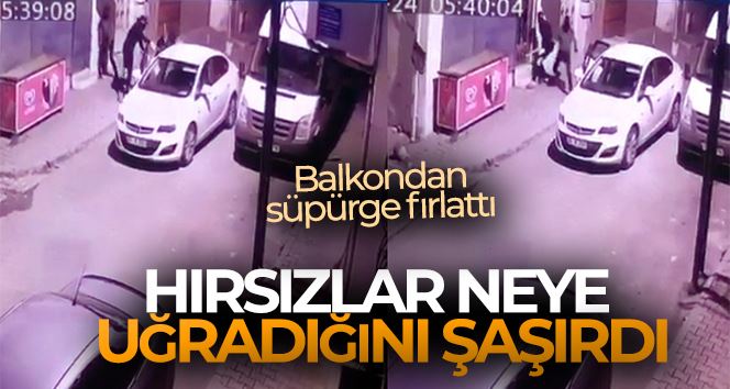 İstanbul’da hırsızların şoke olduğu soygun girişimi kamerada: Balkondan süpürge fırlattı