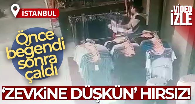 Mağazanın önündeki stanttan önce beğendi sonra çaldı 