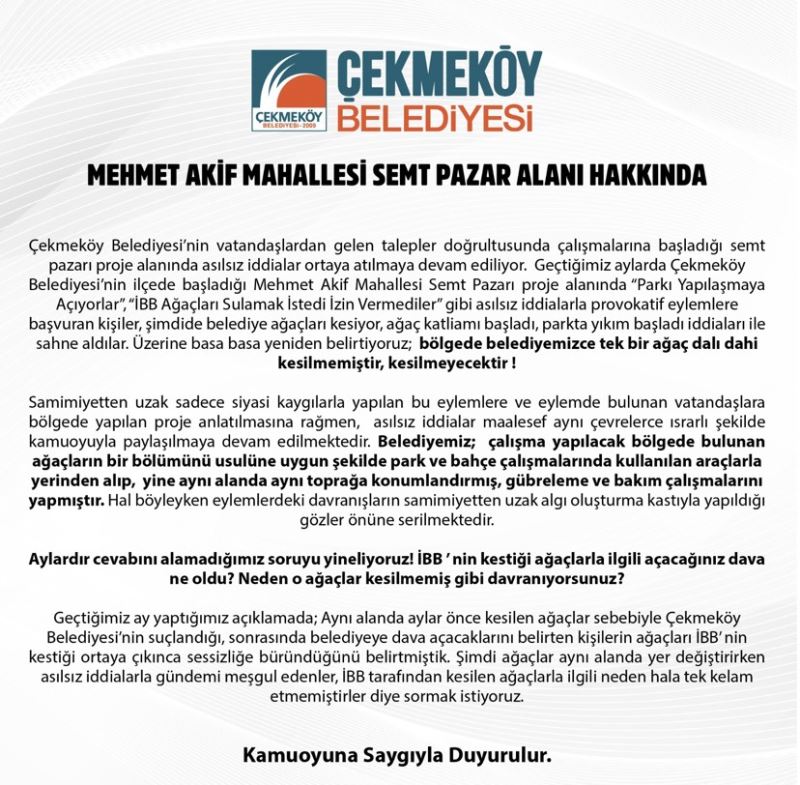 Çekmeköy Belediyesinden ‘ağaçlar kesiliyor’ iddialarına yalanlama
