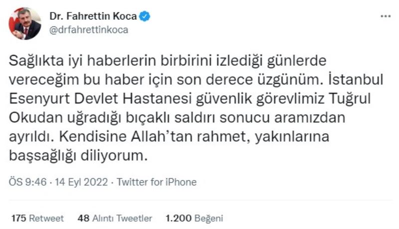 Sağlık Bakanı Koca’dan hayatını kaybeden güvenlik görevlisiyle ilgili paylaşım
