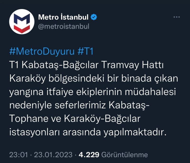 Beyoğlu’nda bulunan bir kilisede çıkan yangın nedeniyle Kabataş-Bağcılar Tramvay Hattı seferleri durduruldu
