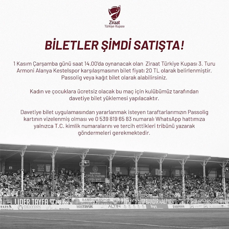 Bandırmaspor - Alanya Kestelspor maçının biletleri satışta
