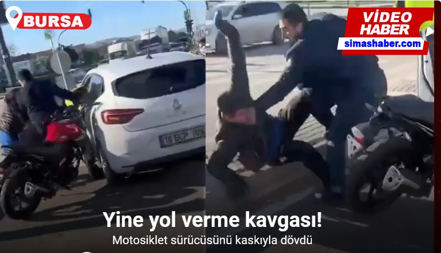 Bursa’da yol kavgası kamerada...Motosiklet sürücüsünü kaskıyla dövdü