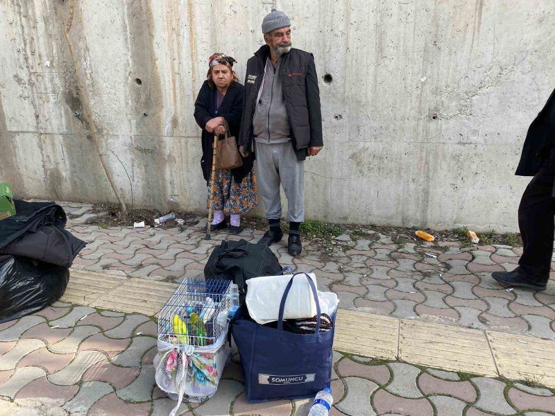 Yaşlı çift deprem bölgesinden başka şehre sevki için kuşlarıyla bekledi
