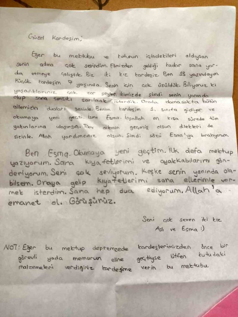 Akyurtlu iki kız kardeşten depremzedelere duygu dolu mektup
