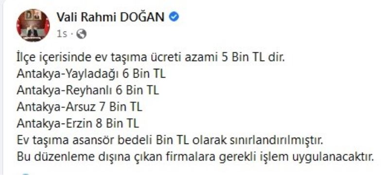 Hatay’da ev taşıma ücretine azami sınır getirildi
