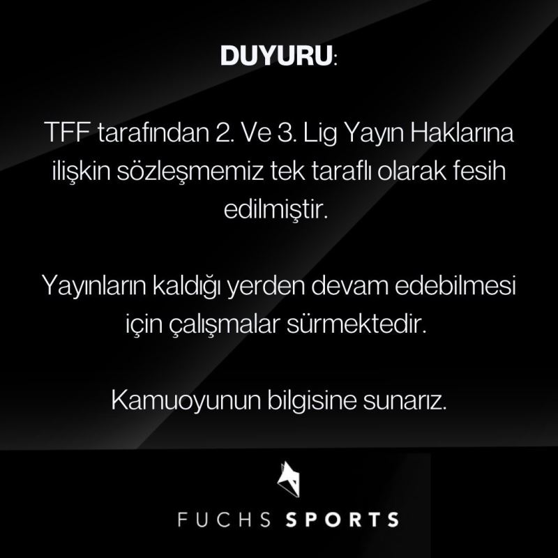 TFF, Fuchs Sports ile olan 2. ve 3. Lig yayın haklarına ilişkin sözleşmeyi feshetti
