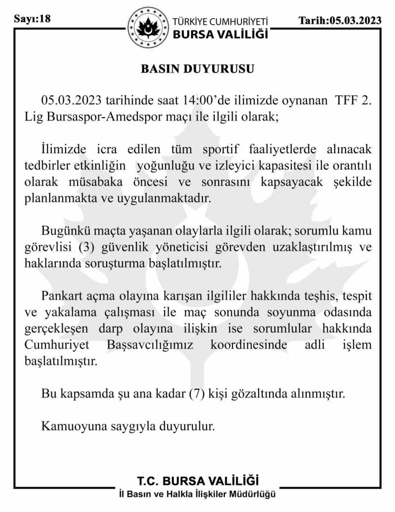 Bursa Valiliğinden Bursaspor-Amedspor açıklaması: 