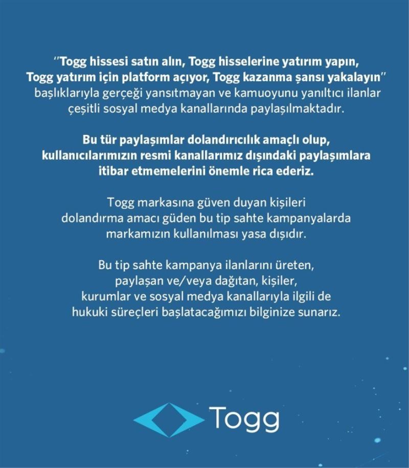 Togg’dan dolandırıcılık uyarısı
