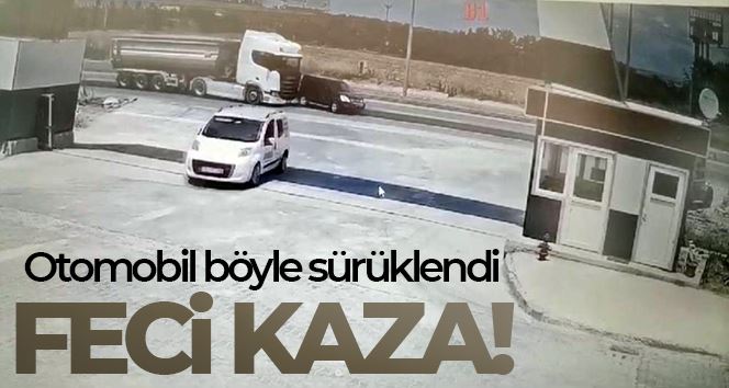 Tırın şerit değiştiren otomobile çarpıp devrildiği kaza kamerada