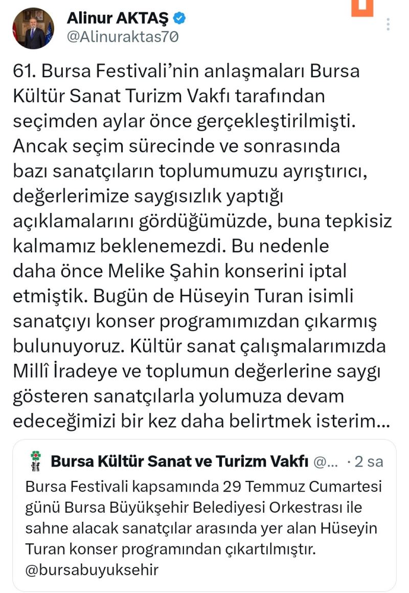 Bursa Büyükşehir Belediyesi, Hüseyin Turan konserini iptal etti
