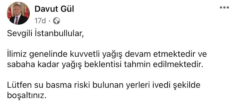 İstanbul Valisi Gül’den kuvvetli yağış uyarısı: 