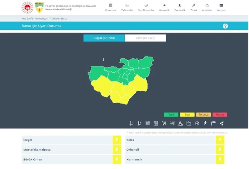 Meteoroloji’den Bursa’nın 6 ilçesi için sarı uyarı
