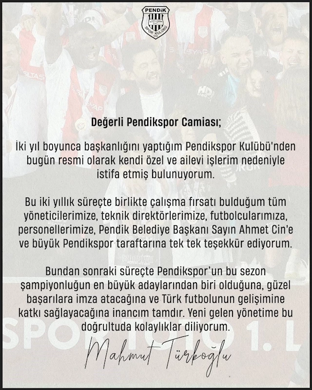 Pendikspor’da Başkan Mahmut Türkoğlu istifa etti
