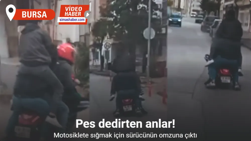 Motosiklete sığmak için sürücünün omzuna çıktı