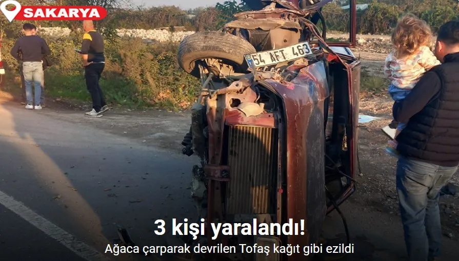 Ağaca çarparak devrilen Tofaş kağıt gibi ezildi: 3 yaralı