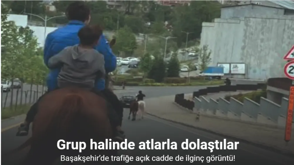 Başakşehir’de trafiğe açık cadde de ilginç görüntü, grup halinde atlarla dolaştılar