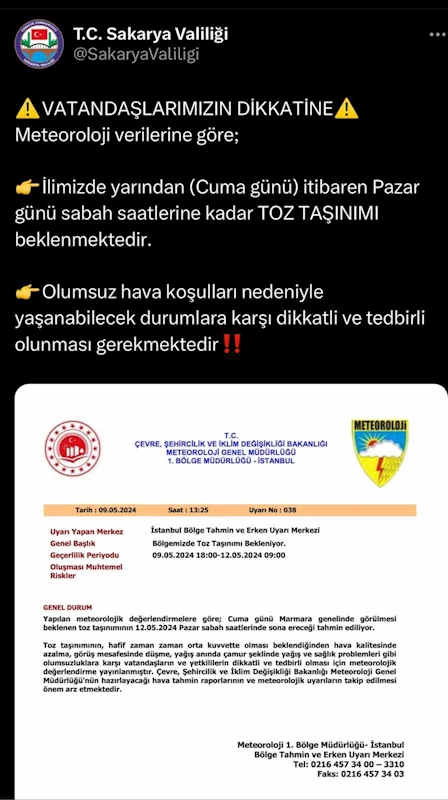 Sakarya Valiliğinden toz taşınımı uyarısı
