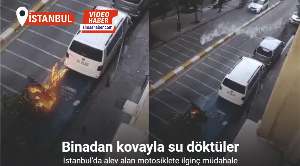 İstanbul’da alev alan motosiklete ilginç müdahale kamerada: Binadan kovayla su döktüler
