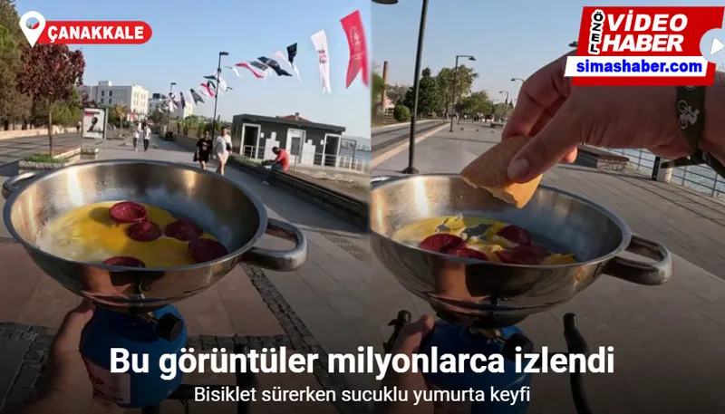 Bisiklet sürerken sucuklu yumurta yaptı, o görüntüler milyonlarca izlendi