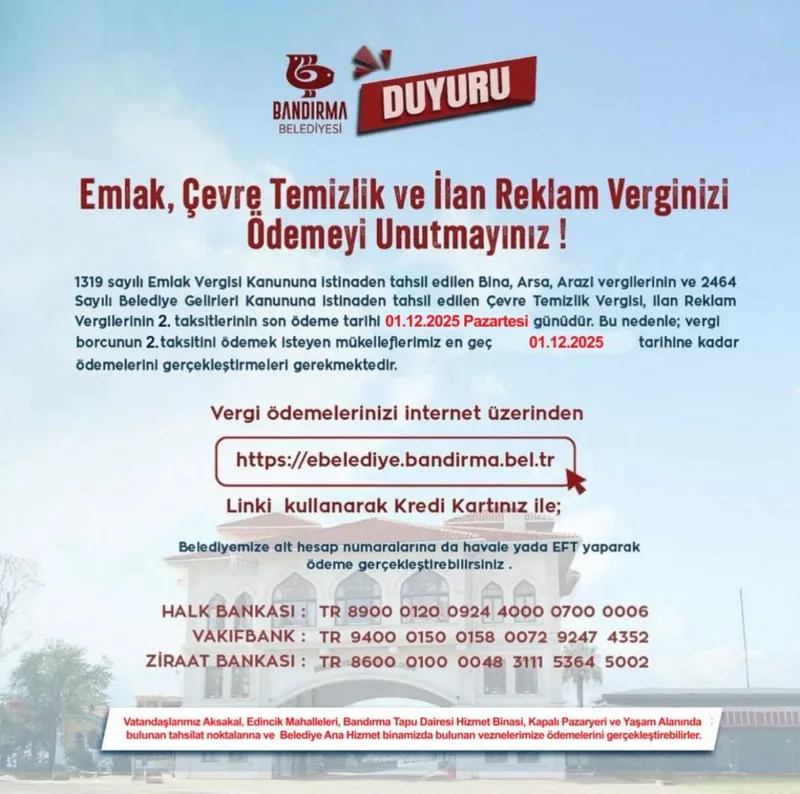 Emlak, Çevre Temizlik ve İlan Reklam Vergisi İkinci Taksit Ödemeleri Başladı