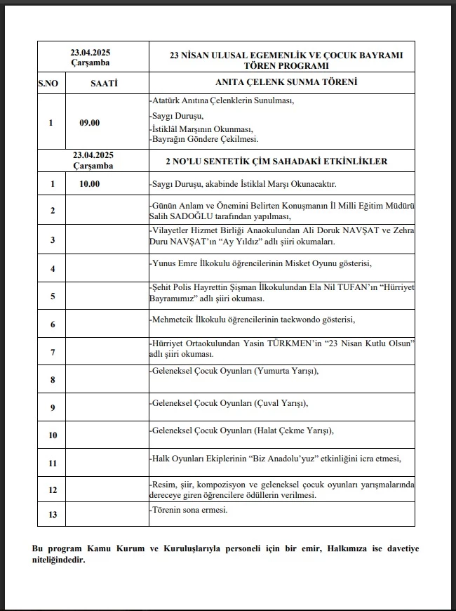 SİİRT’TE 23 NİSAN ULUSAL EGEMENLİK VE ÇOCUK BAYRAMI COŞKUYLA KUTLANACAK