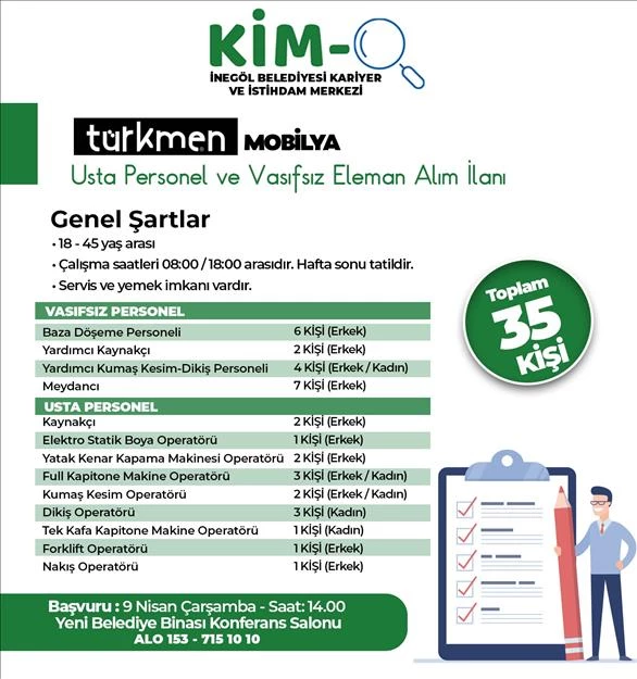Türkmen Mobilya 35 Personel Alacak