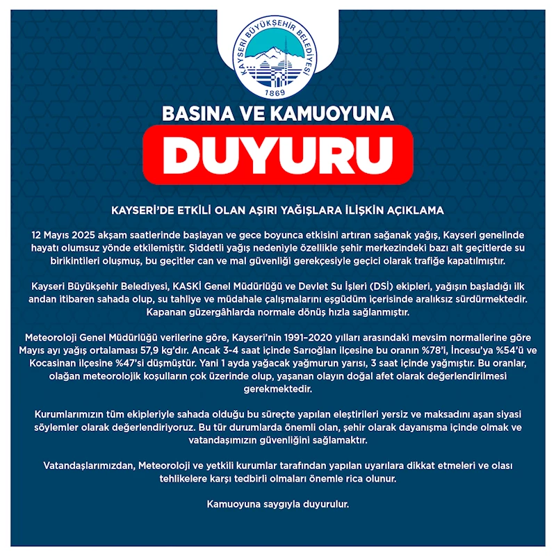 Kayseri’de Etkili Olan Aşırı Yağışlara İlişkin Açıklama