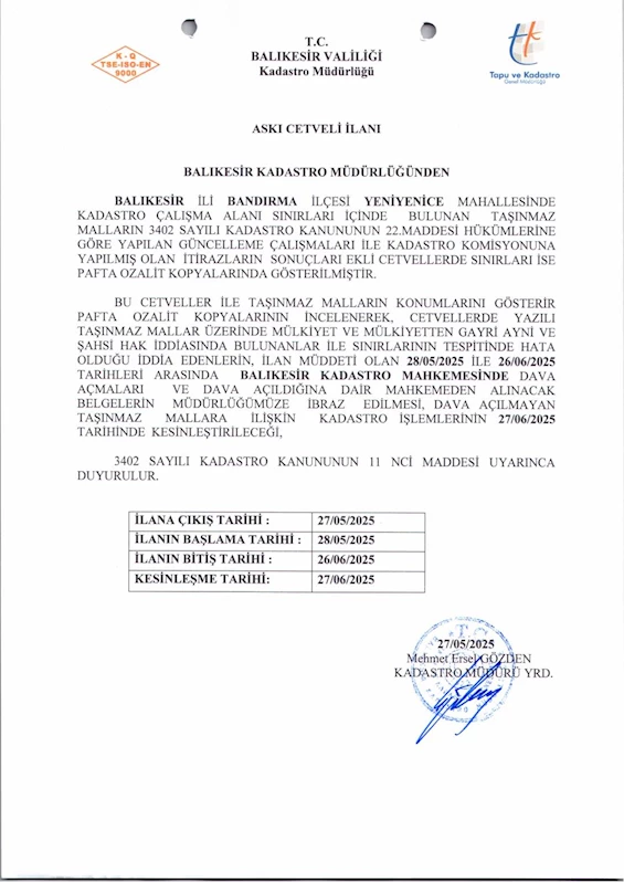 Yeniyenice Mahallesi 3402 Sayılı Kadastro Kanunun 22 inci maddesi kapsamında yapılan Kadastro güncelleme çalışması
