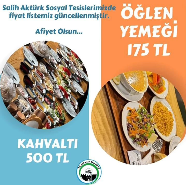 ARDAHAN BELEDİYESİ SALİH AKTÜRK SOSYAL TESİSLERİ’NDE YEMEK VE KAHVALTI FİYAT LİSTESİ GÜNCELLENDİ