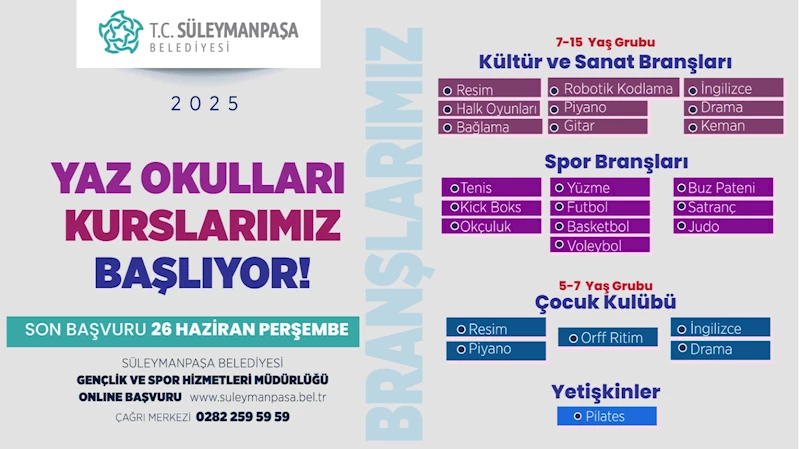 Süleymanpaşa Belediyesi Yaz Okulları Başlıyor
