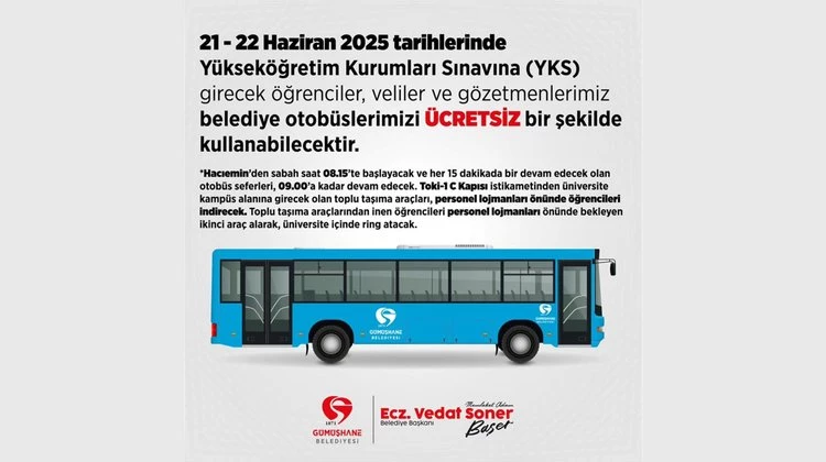 21-22 HAZİRAN TARİHLERİNDE BELEDİYEMİZE AİT OTOBÜSLER SINAV GÜNÜ ÜCRETSİZ HİZMET VERECEKTİR