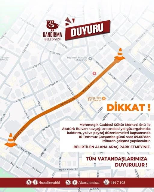 MEHMETÇİK CADDESİ’NDE ÇALIŞMA BAŞLIYOR
