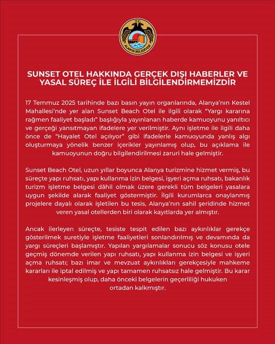 SUNSET OTEL HAKKINDA GERÇEK DIŞI HABERLER VE YASAL SÜREÇ İLE İLGİLİ BİLGİLENDİRMEMİZDİR