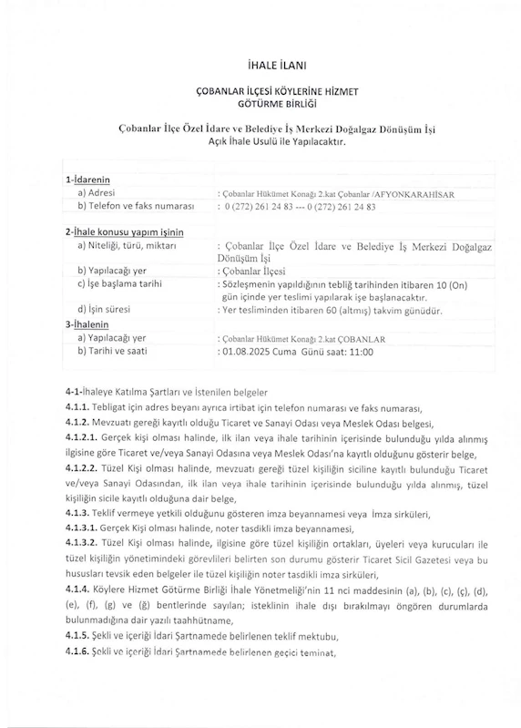 ÇOBANLAR İLÇE ÖZRL İDARE VE BELEDİYE İŞ MERKEZİ DOĞALGAZ DÖNÜŞÜM İŞİ AÇIK İHALESİ