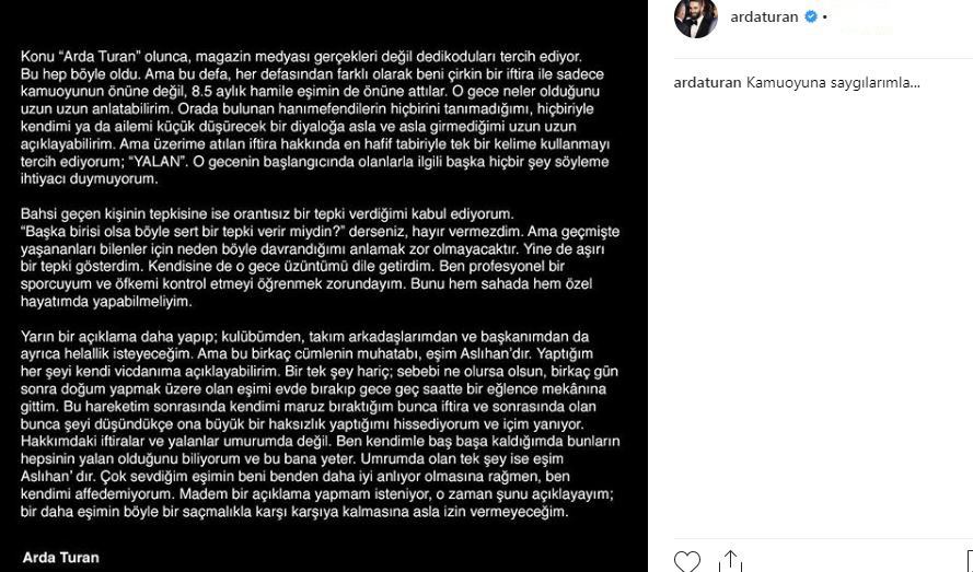 Arda Turan: Bir Daha Eşimin Böyle Bir Saçmalıkla Karşı Karşıya Kalmasına Asla İzin Vermeyeceğim