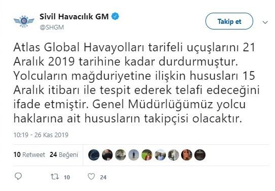 Atlasglobal Havayolları Tarifeli Uçuşlarını Durdurdu