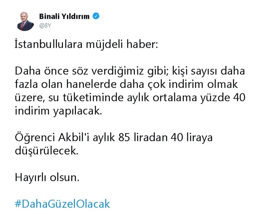 Binali Yıldırımdan İstanbullulara Müjde