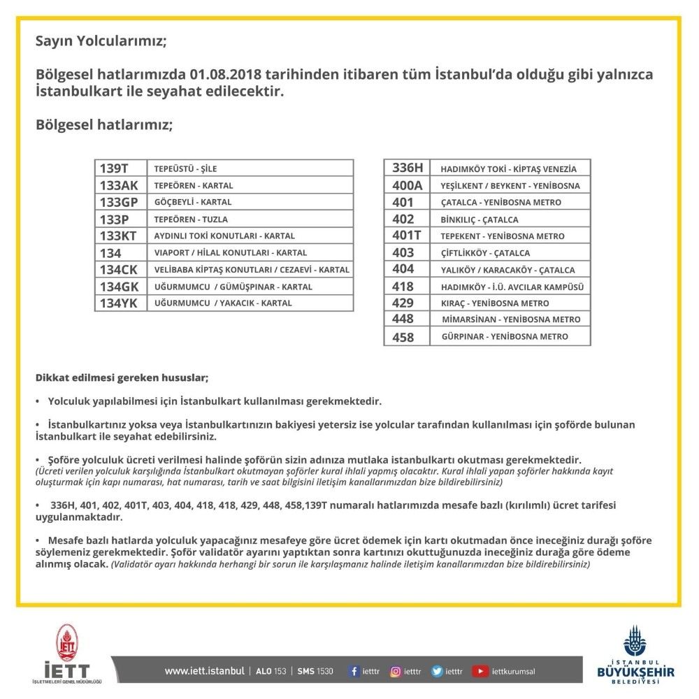 İstanbulda Bölgesel Otobüslerde İstanbulkart Dönemi