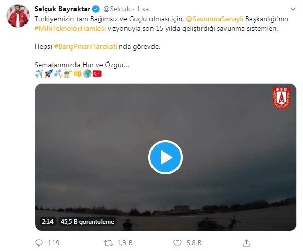 Selçuk Bayraktardan Dikkat Çeken Barış Pınarı Harekatı Paylaşımı