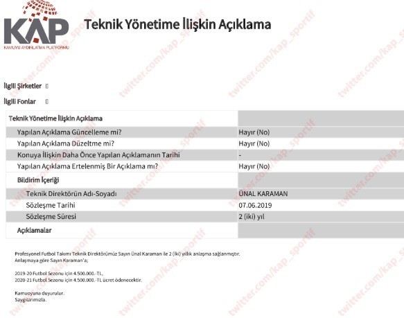 Trabzonspor, Ünal Karamanı Kapa Bildirdi