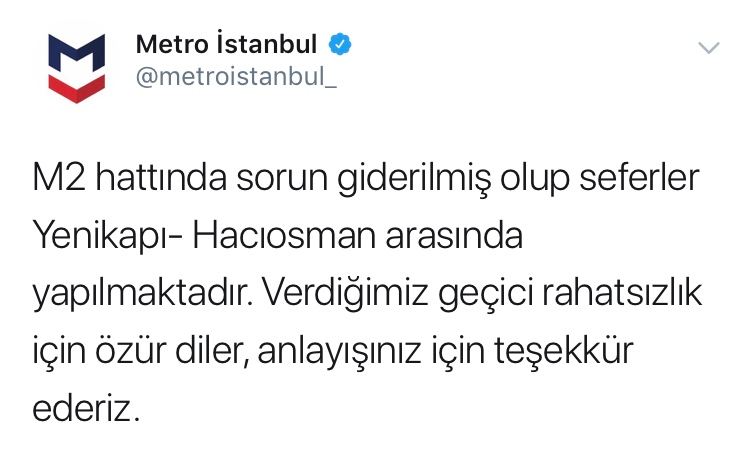 Yenikapı - Hacıosman Metro Hattındaki Arıza Giderildi
